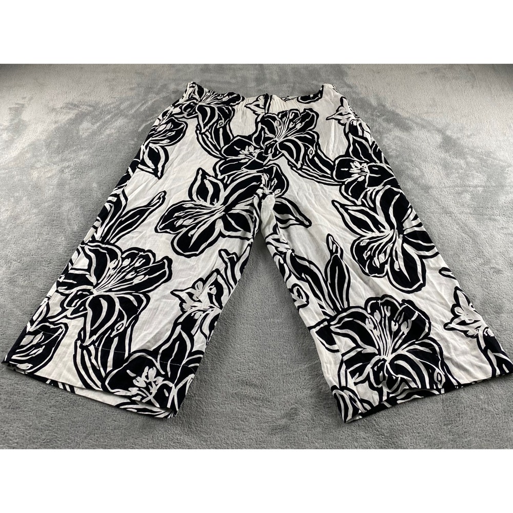 Ruby Rd Womens Black White Floral Wide Leg Crop Linen Blend Pants Size L 24410